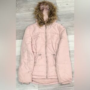 Divided Pink Puffer Jacket with Faux Fur Trim